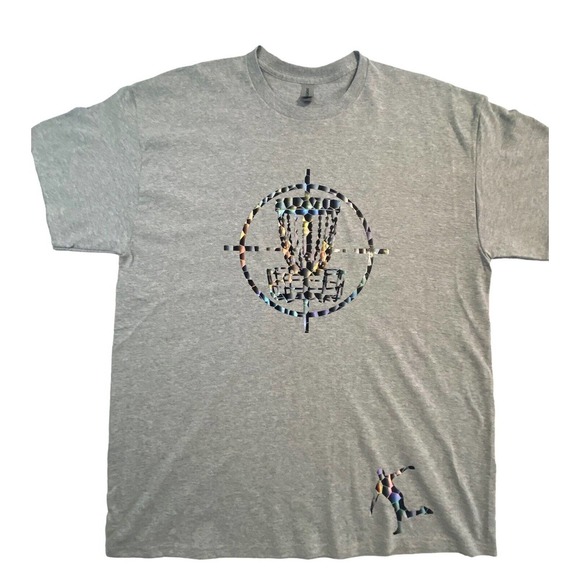 Disc Golf Shirt HOLOGRAPHIC BASKET TARGET Logo XL Graphic T-Shirt Gildan Grey - Picture 6 of 6